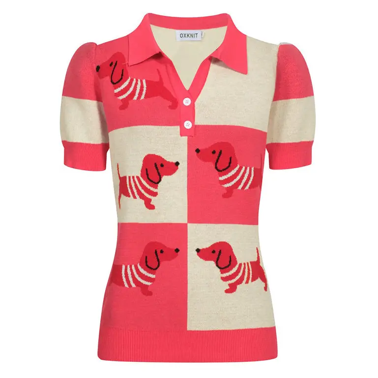 Women's Dachshund Jacquard Knitted V-Neck Polo 1