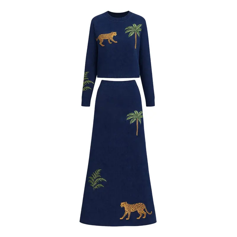 Women's Dark Blue Animal Embroidery Knit Skirt Suit 1