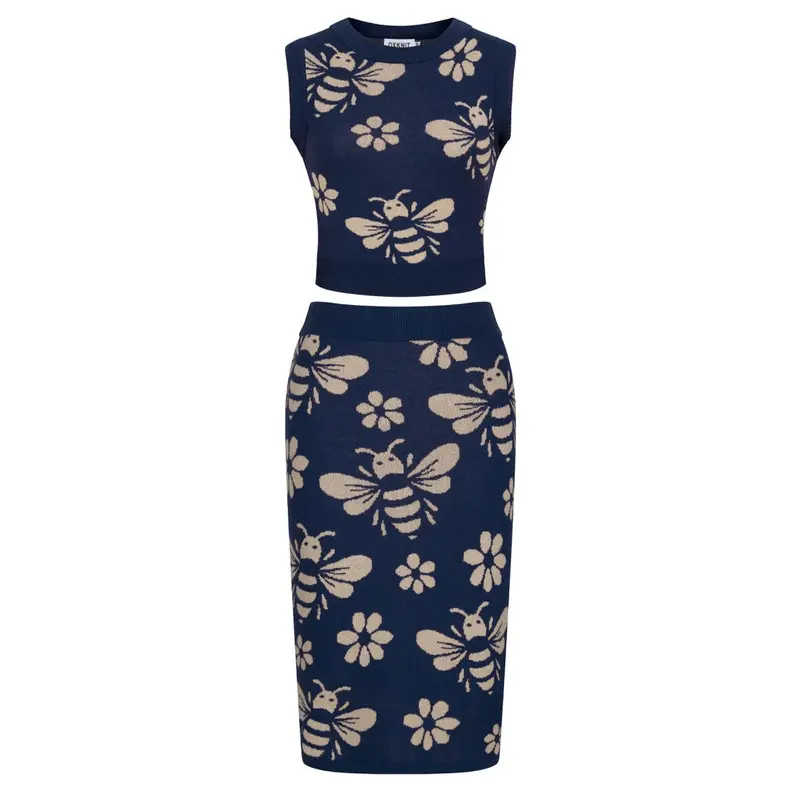 Women's Dark Blue Bee Jacquard Vintage Vest Skirt Suit 1