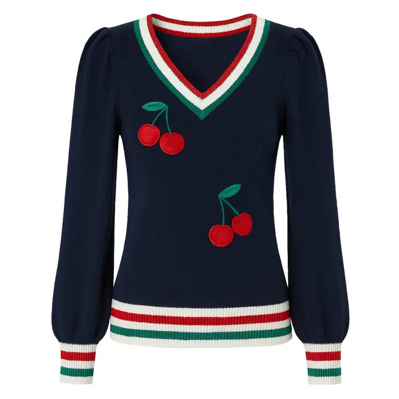 Women's Dark Blue Cherry Embroidered Puffed-Sleeve Knitwear 1