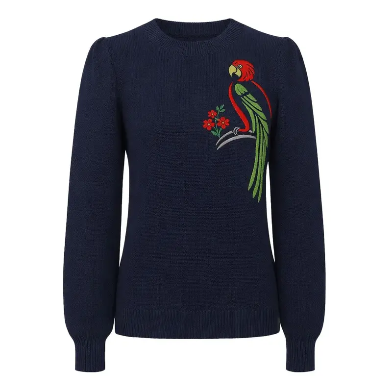 Women's Dark Blue Classic Bird Embroidery Vintage Jacquard Knitwear 1
