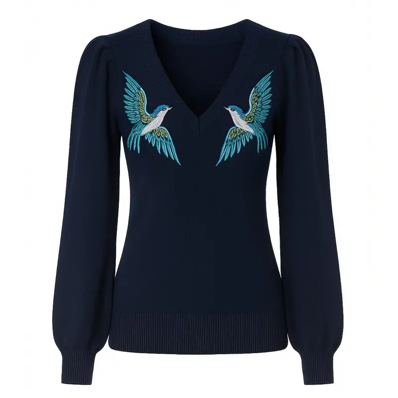 Women's Dark Blue Embroidered Bubble Sleeve Knitwear 1