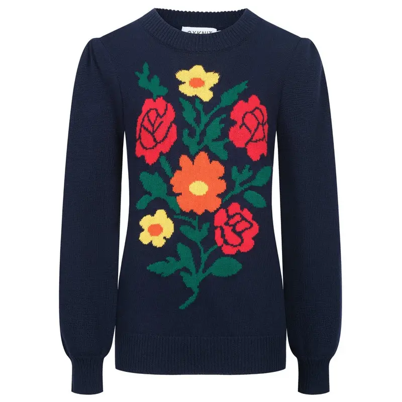 Women's Dark Blue Jacquard Floral Puffed Sleeve Knitwear 1