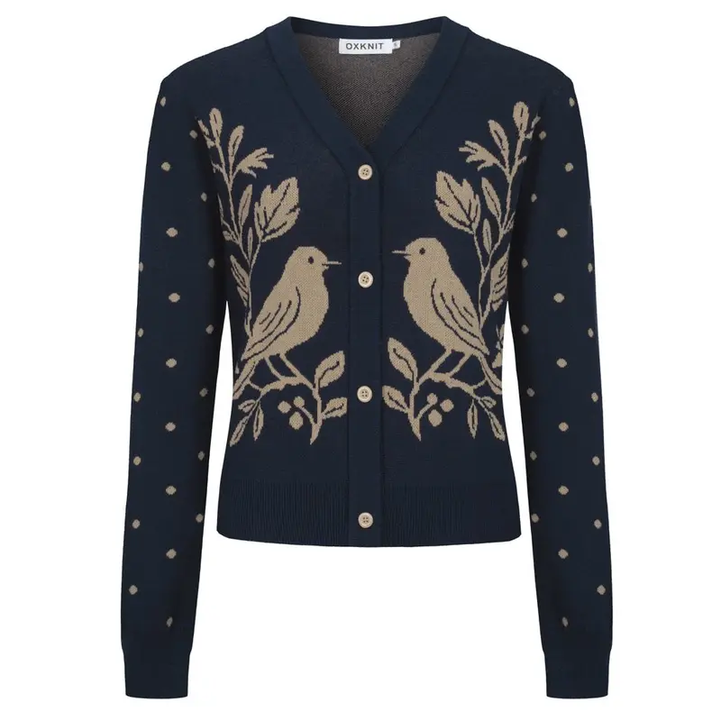 Women's Dark Blue Magpie Plant Jacquard Cardigan - Cropped Length 1