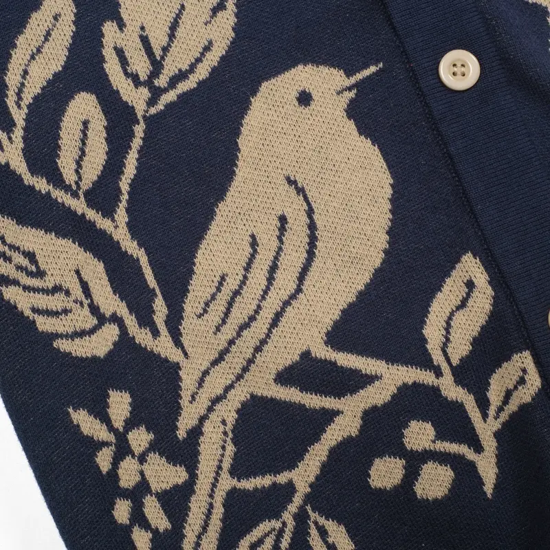 Women's Dark Blue Magpie Plant Jacquard Cardigan - Cropped Length 2