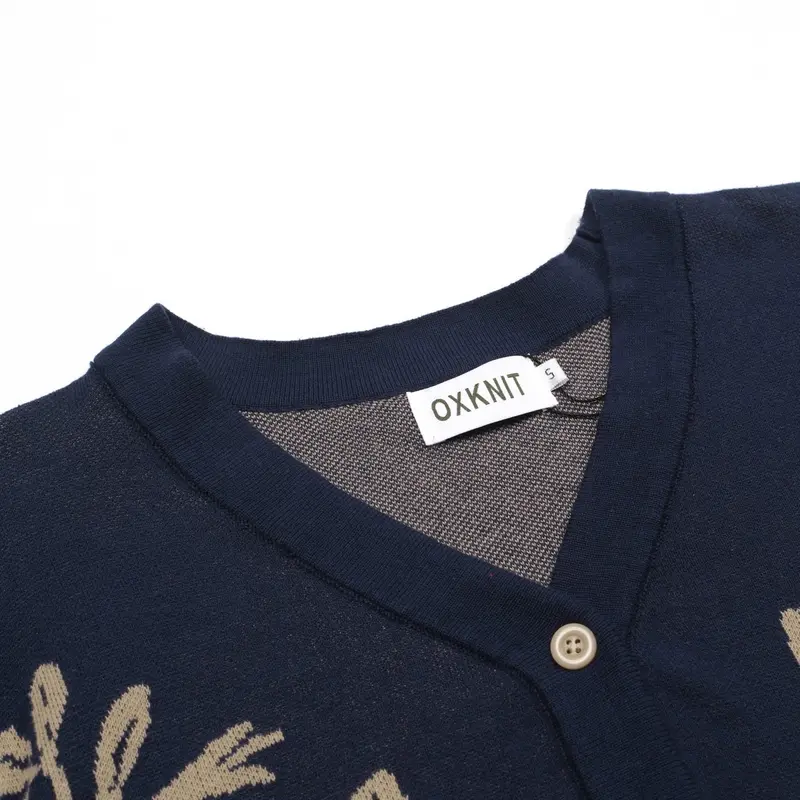 Women's Dark Blue Magpie Plant Jacquard Cardigan - Cropped Length 4