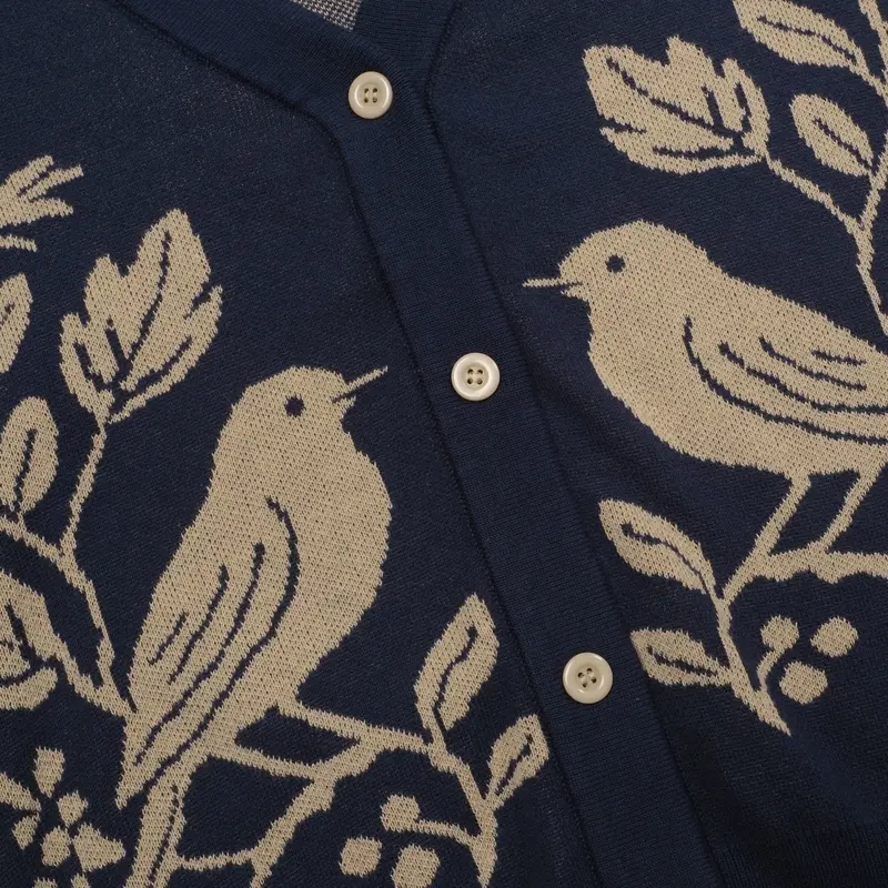Women's Dark Blue Magpie Plant Jacquard Cardigan - Cropped Length 5