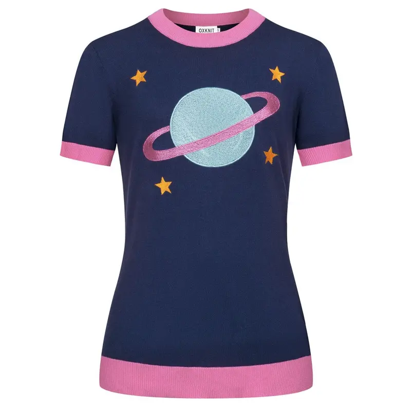 Women's Dark Blue Planet Embroidery Vintage Knit T-Shirt 1