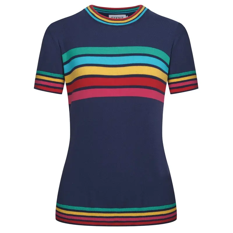 Women's Dark Blue Rainbow Striped Classic Jacquard Knit T-Shirt 1