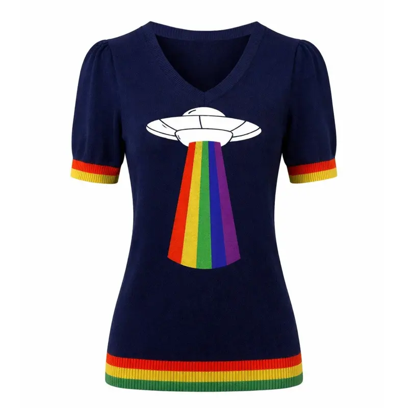 Women's Dark Blue Retro Rainbow Fun Knitted T-Shirt 1