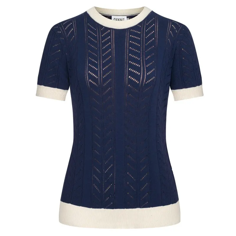Women's Dark Blue Simple Retro Classic Jacquard Knit T-Shirt 1