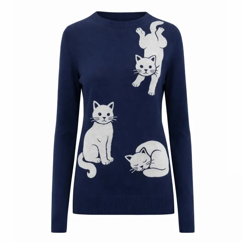 Women's Dark Blue Small Cat Simple Retro Jacquard Knitwear 1
