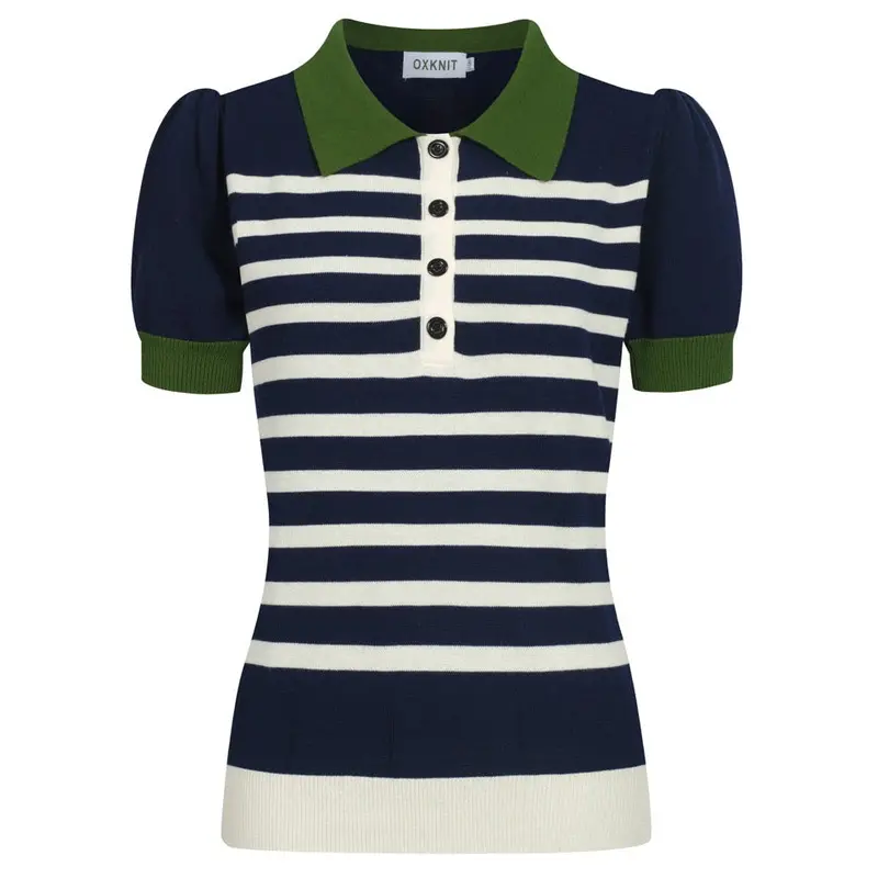 Women's Dark Blue Striped Knitted Puff Sleeve Polo 1
