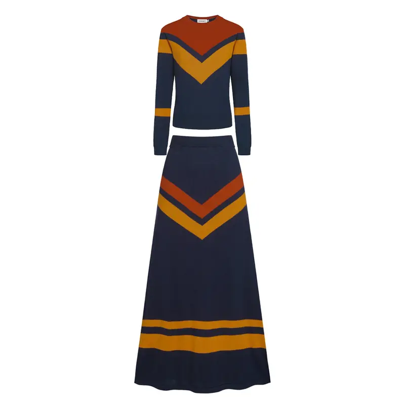 Women's Dark Blue Striped Knitted Skirt Suit 1