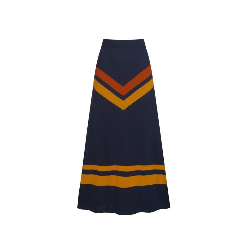 Women's Dark Blue Striped Knitted Skirt Suit 4