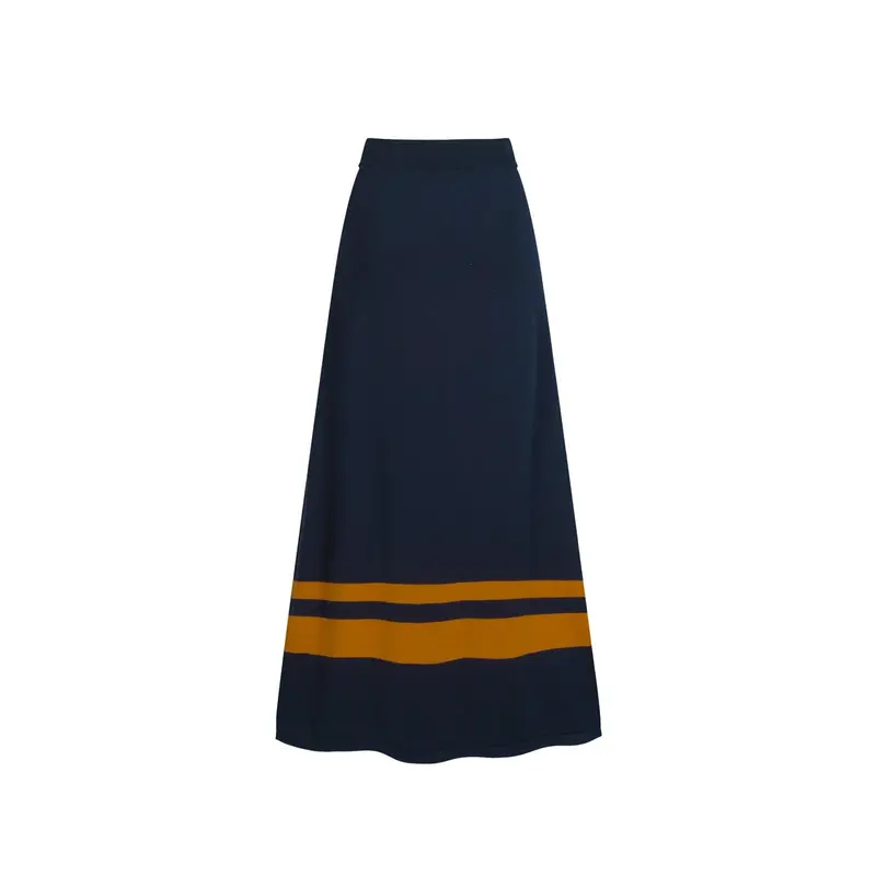 Women's Dark Blue Striped Knitted Skirt Suit 5