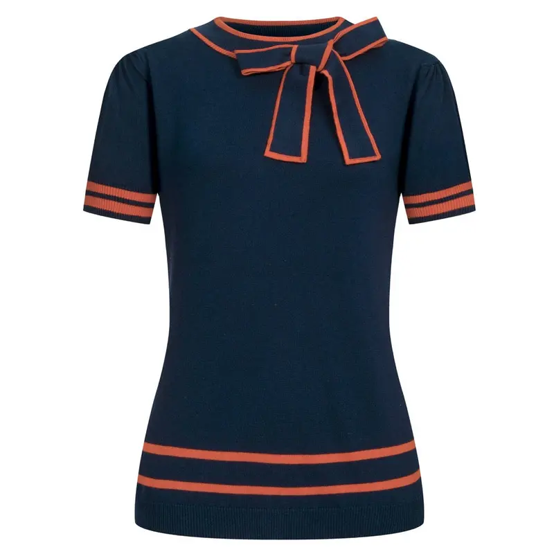 Women's Dark Blue Striped Vintage Jacquard Knit T-Shirt 1