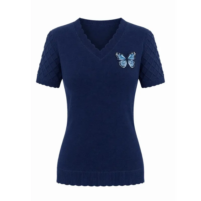 Women's Dark Blue V-Neck Butterfly Embroidered Knit T-Shirt 1