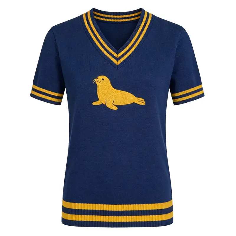 Women's Dark Blue Vintage Artistic Seal Embroidery Knit T-Shirt 1