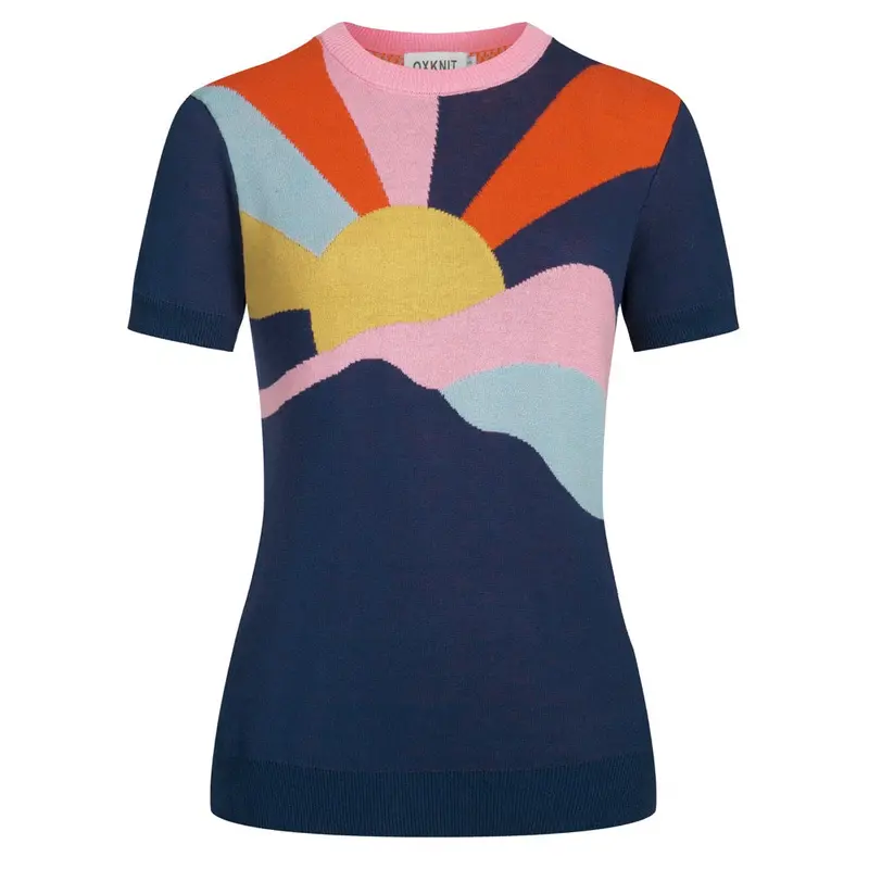 Women's Dark Blue Vintage Artistic Sunlight Jacquard Knit T-Shirt 1