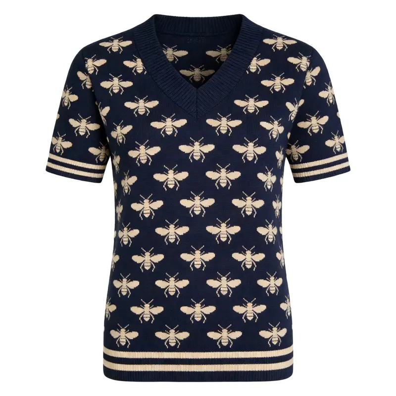 Women's Dark Blue Vintage Insect Art Jacquard Knit T-Shirt 1