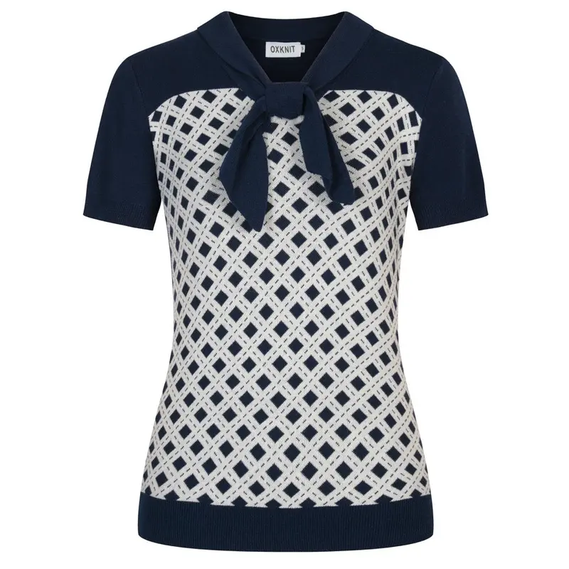 Women's Dark Blue Vintage Knit Jacquard Strappy T-Shirt 1