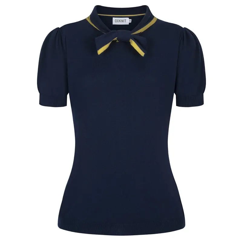 Women's Dark Blue Vintage Knit Lace-Up Summer T-Shirt 1
