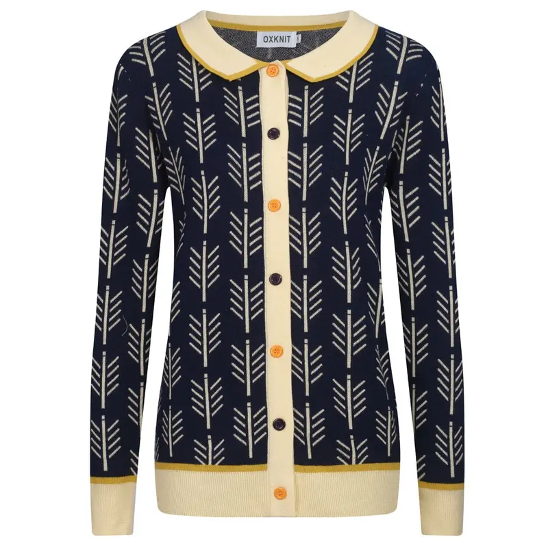 Women's Dark Blue Vintage Pattern Jacquard Lapel Knit Cardigan 1