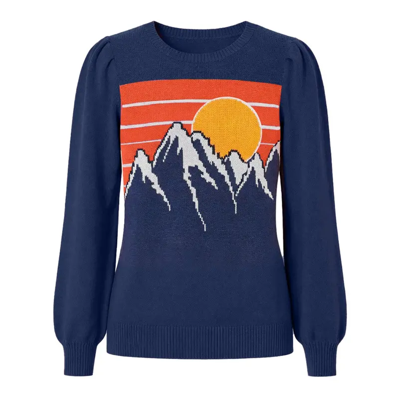 Women's Dark Blue Vintage Sunset Jacquard Bubble Sleeve Knitwear 1