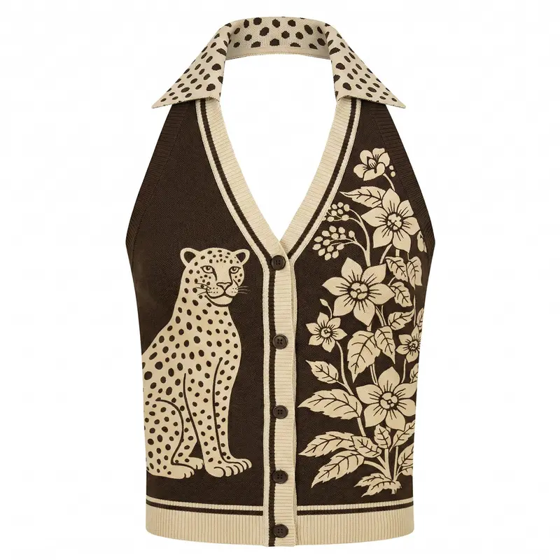 Women's Dark Brown Retro Animal And Botanical Art Jacquard Halter Knit Vest 1