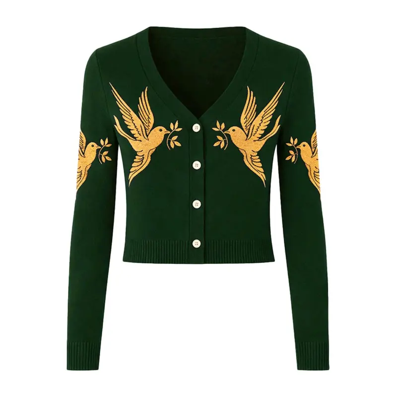 Women's Dark Green Bird Embroidery Vintage Knit Cardigan - Cropped Length 1