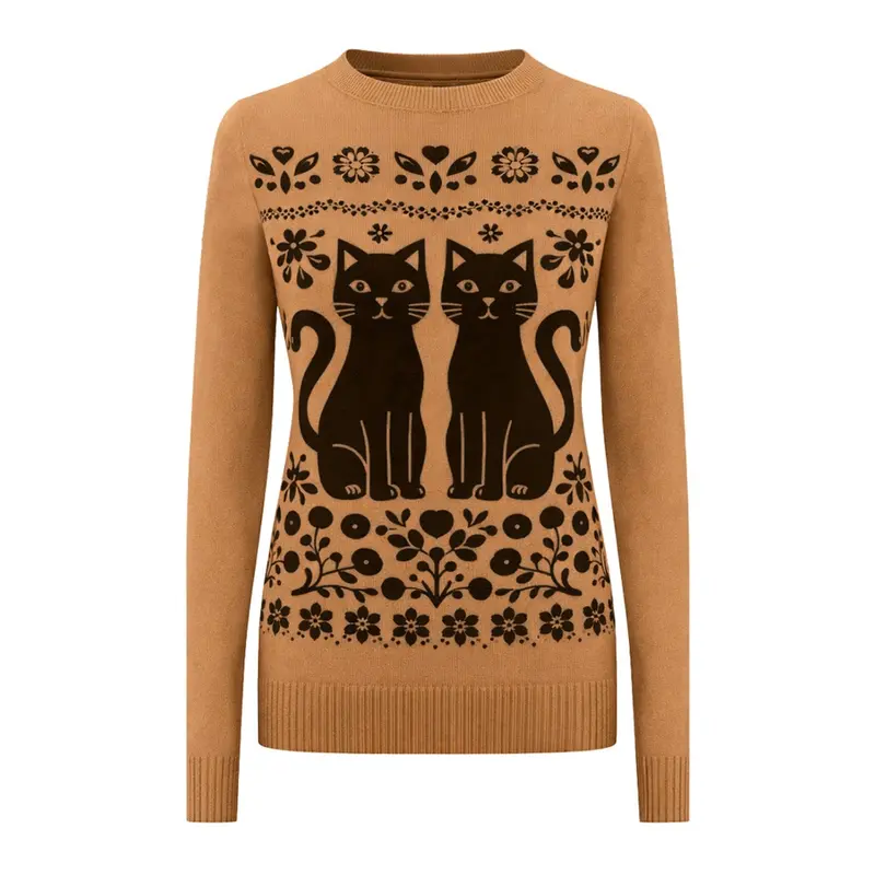 Women's Dark Khaki Small Cat Simple Retro Jacquard Knitwear 1