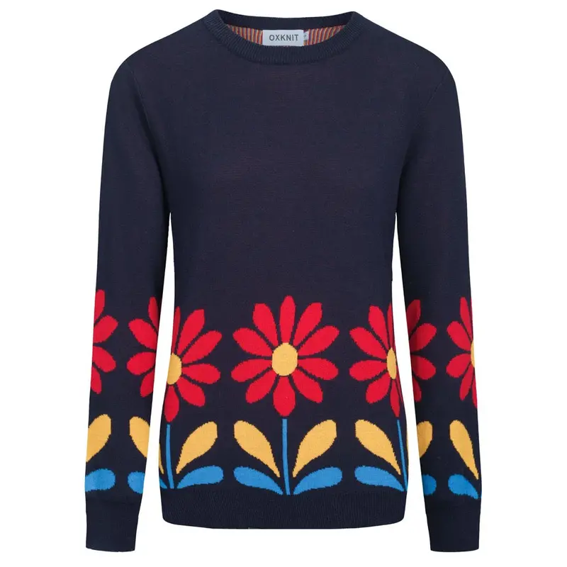 Women's Deep Blue Flowers College Style Jacquard Knitwear 1