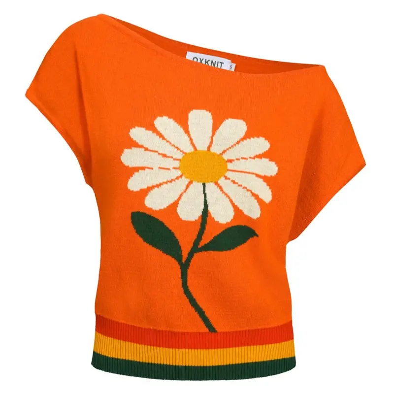 Women's Floral Jacquard Knit Sweep-Shoulder T-Shirt - Cropped Length 1