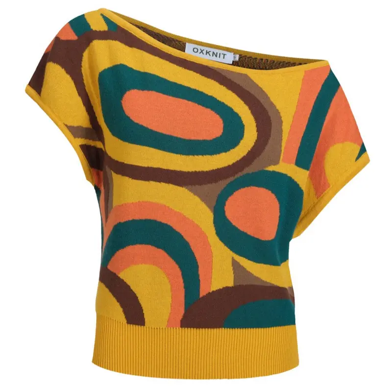 Women's Floral Jacquard Slant Shoulder T-Shirt - Cropped Length 1