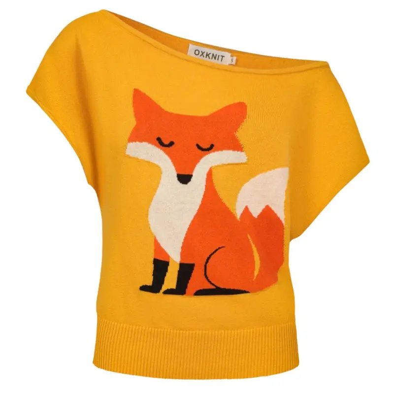 Women's Fox Jacquard Knit Diagonal Shoulder Knit T-Shirt - Cropped Length 1