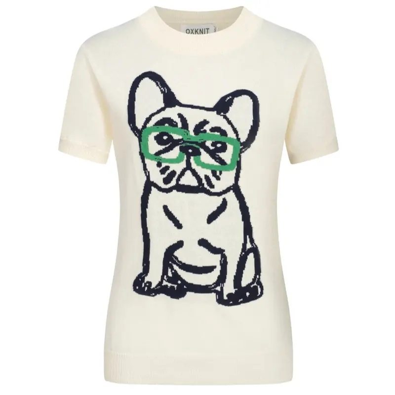 Women’S French Bulldog Knit Tee – Cream Short Sleeve Top 1