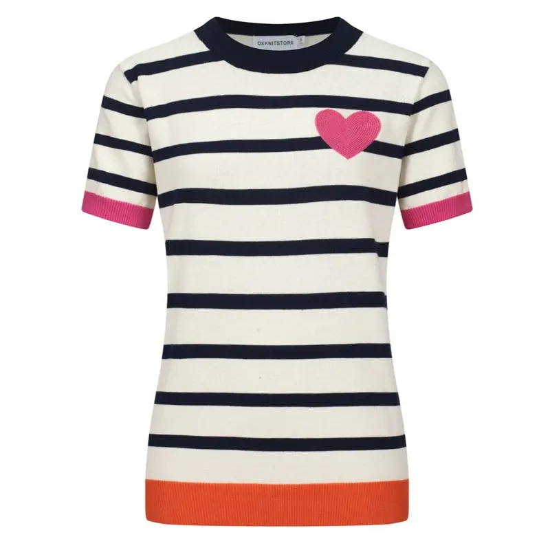 Women’S French Stripe Knit Tee – Pink Heart Embroidery & Colorblock Trim 1