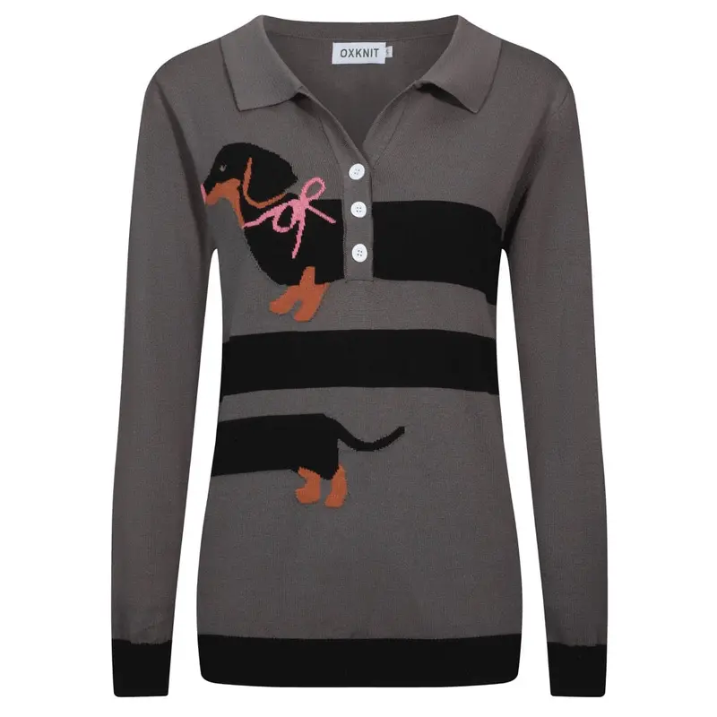 Women's Gray Dachshund Jacquard V-Neck Knitwear 1