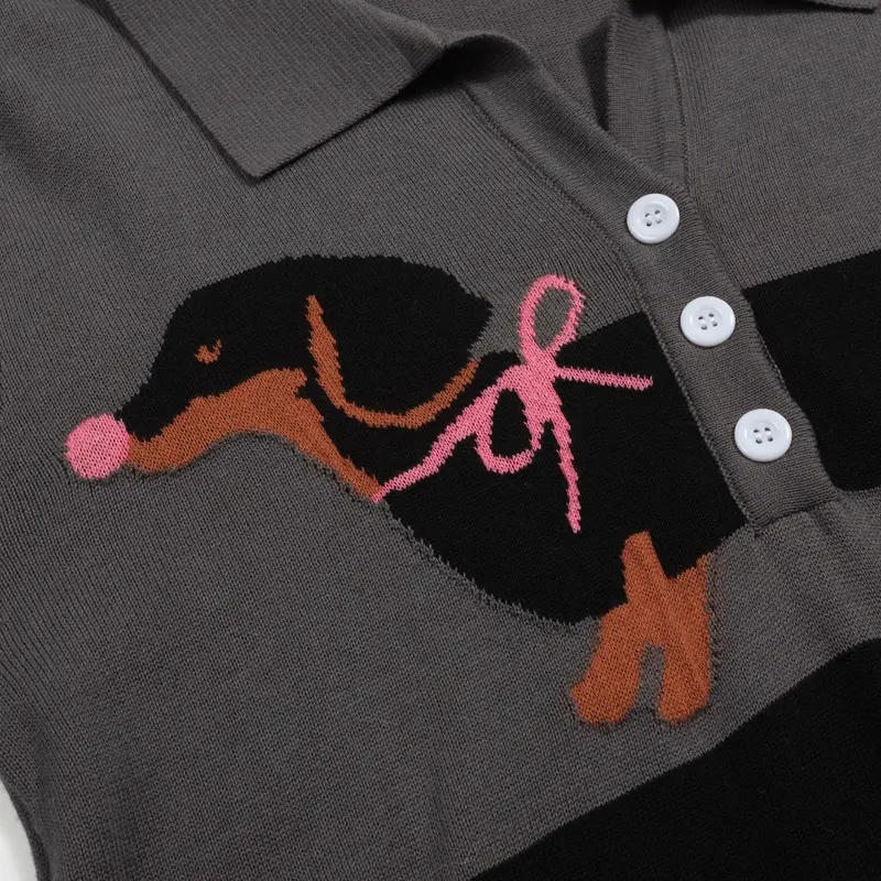 Women's Gray Dachshund Jacquard V-Neck Knitwear 2