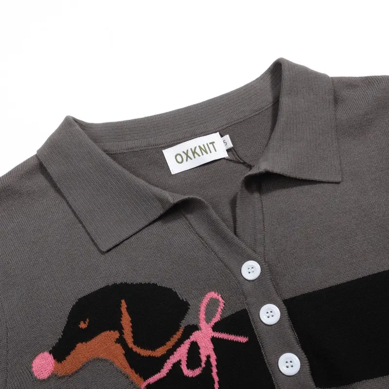 Women's Gray Dachshund Jacquard V-Neck Knitwear 4