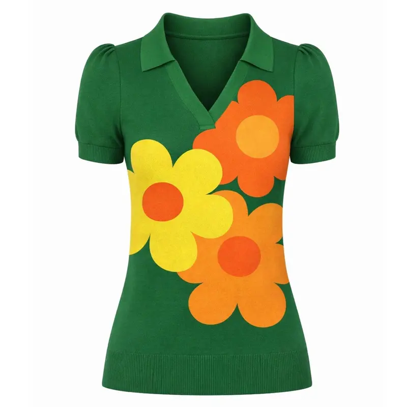 Women's Green 70S Floral Puff Sleeve Jacquard Knit T-Shirt 1