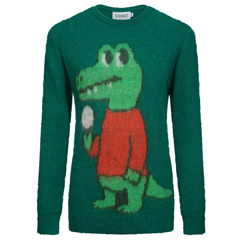 Women's Green Alligator Jacquard Plush Knitwear 1