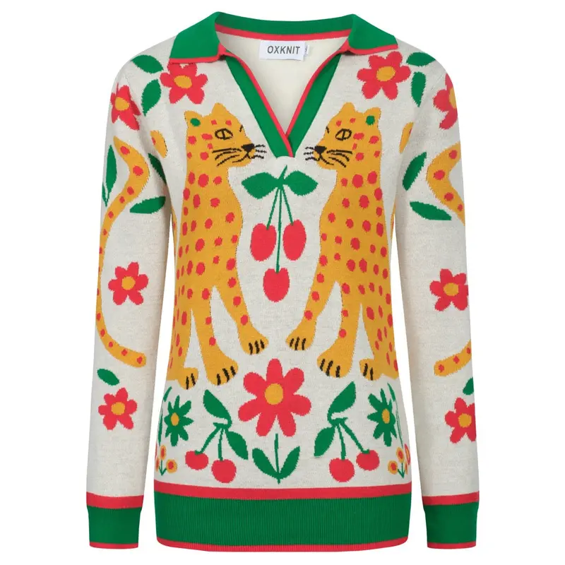 Women's Green Animal Floral Jacquard V-Neck Knitwear 1