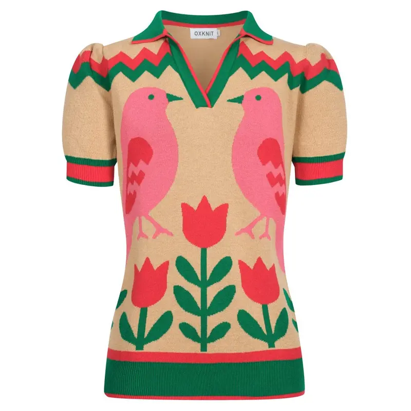 Women's Green Animal Flower Jacquard V-Neck Polo Shirt 1