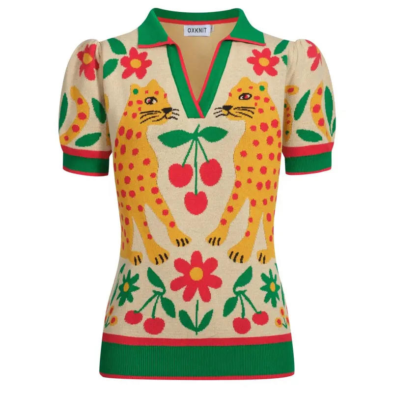 Women's Green Animal Garden Knitted Bubble Sleeve Polo 1