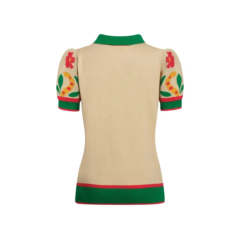 Women's Green Animal Garden Knitted Bubble Sleeve Polo 3