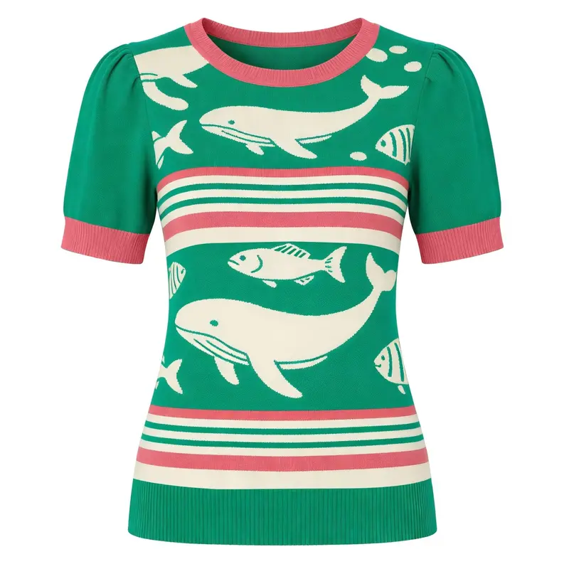 Women's Green Art Fish Vintage Jacquard Knit T-Shirt 1