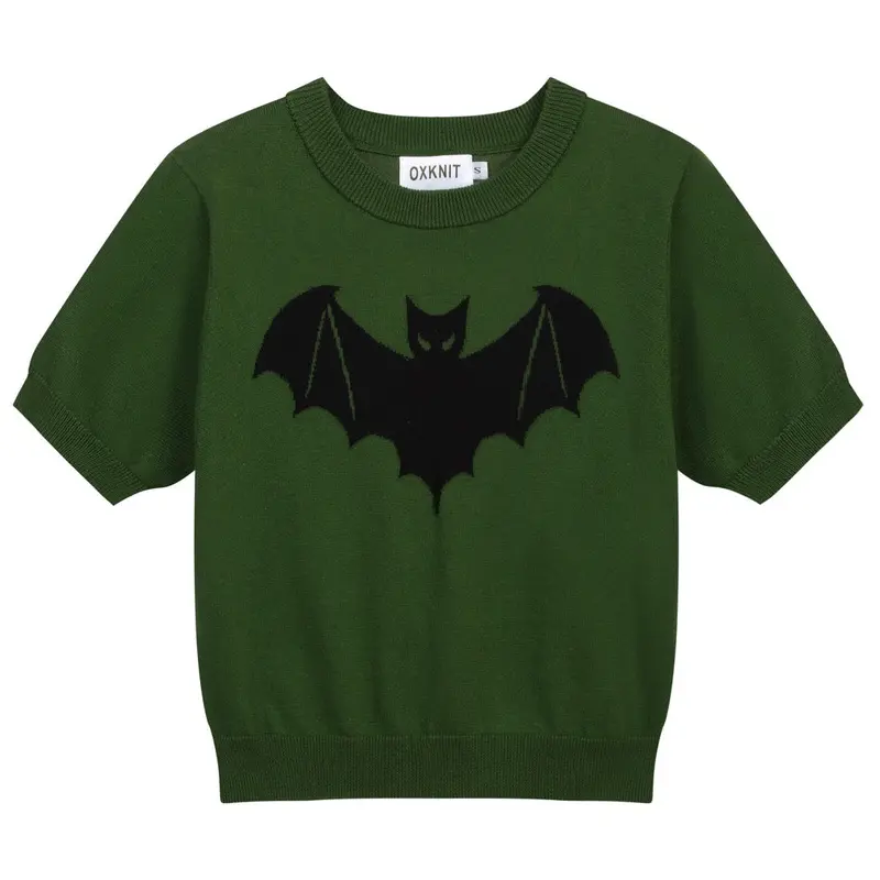 Women's Green Bat Jacquard Vintage Knit T-Shirt - Cropped Length 1