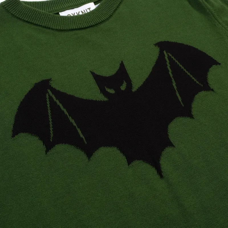 Women's Green Bat Jacquard Vintage Knit T-Shirt - Cropped Length 2